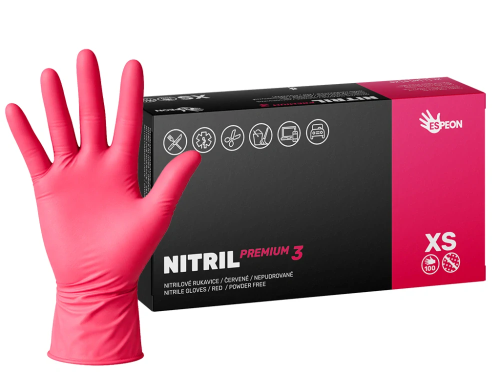 Nitrilové rukavice NITRIL PREMIUM3 100 ks, nepudrované, červené, 4.0 g, Velikost XS