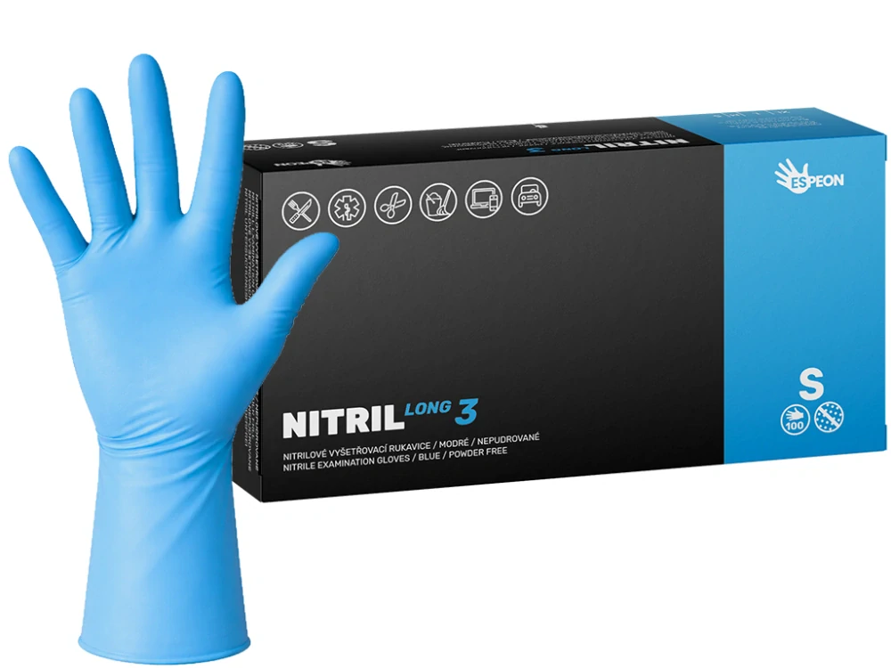 Nitrilové rukavice NITRIL LONG3 100 ks, nepudrované, modré, 6.2 g, Velikost S