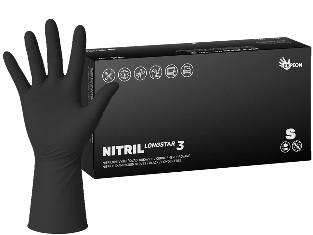 Nitrilové rukavice NITRIL LONGSTAR3 100 ks, nepudrované, černé, 11.4 g, Velikost S