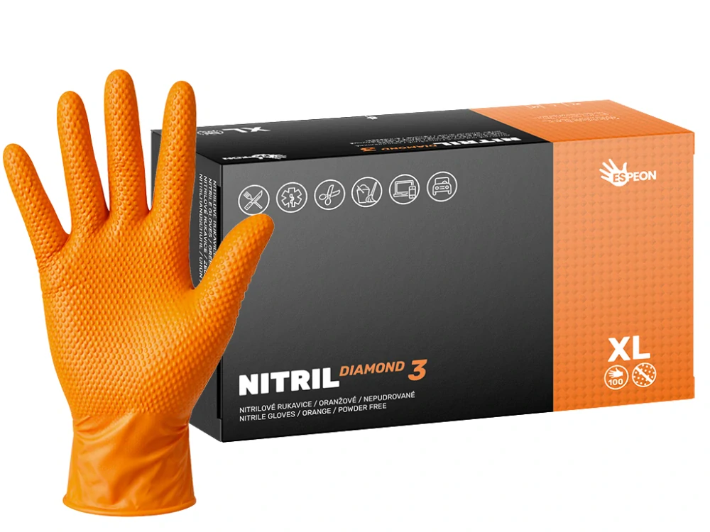 Nitrilové rukavice NITRIL DIAMOND3 100 ks, nepudrované, oranžové, 8.0 g, Velikost XL