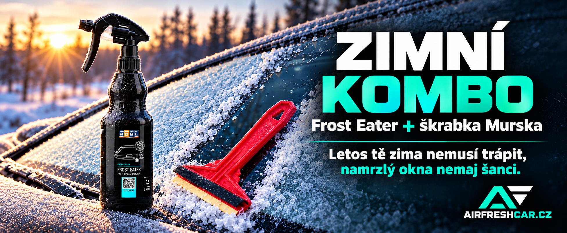 Zimní kombo Airfreshcar.cz – rozmrazovač skel ADBL Frost Eater a škrabka na led Murska.